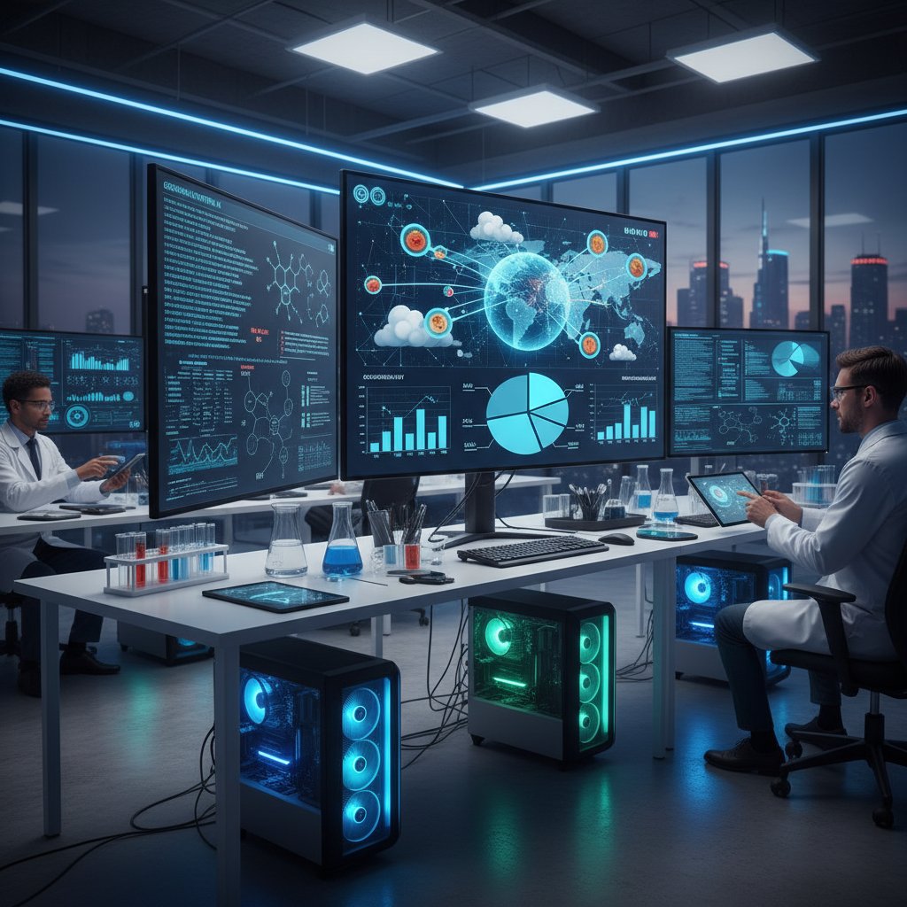 Laboratorium z komputerami, na ekranach wizualizacja AI analizującej dane dietetyczne