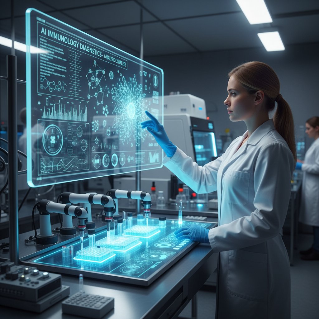 Laborant korzystający ze sztucznej inteligencji do analizy immunologicznej