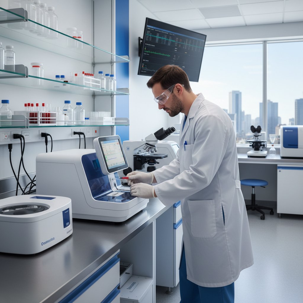 Laborantka analizująca próbkę krwi – diagnostyka niewydolności oddechowej.