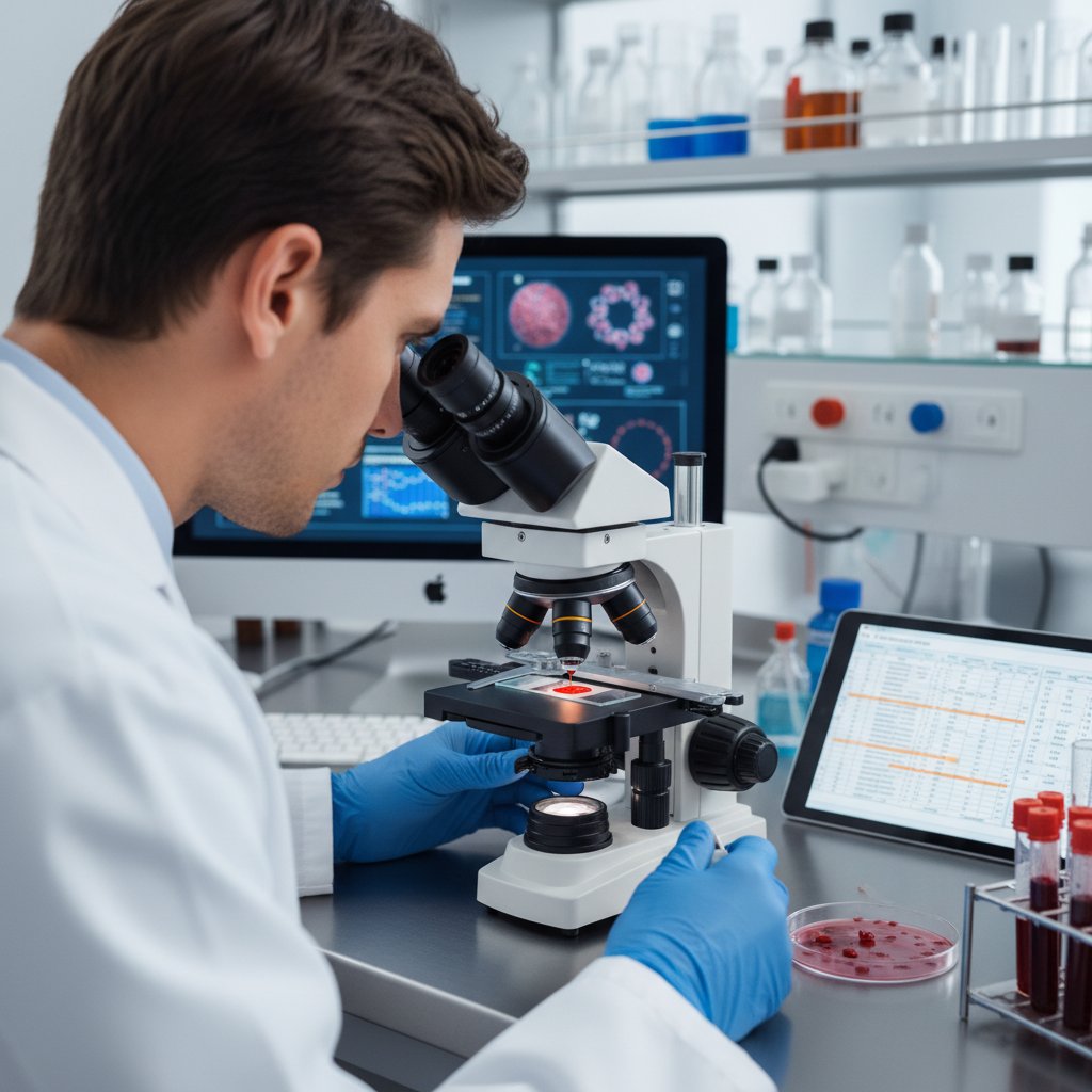 Zbliżenie na laboranta analizującego próbkę krwi pod mikroskopem – proces badania peptydu C