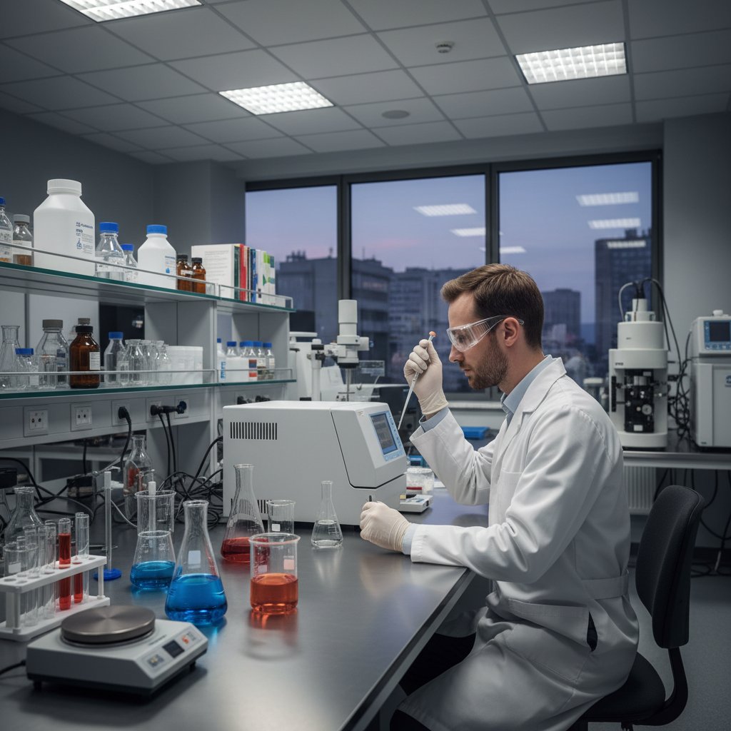 Osoba w laboratorium analizująca próbki chemiczne, pokazująca mechanizmy działania leków