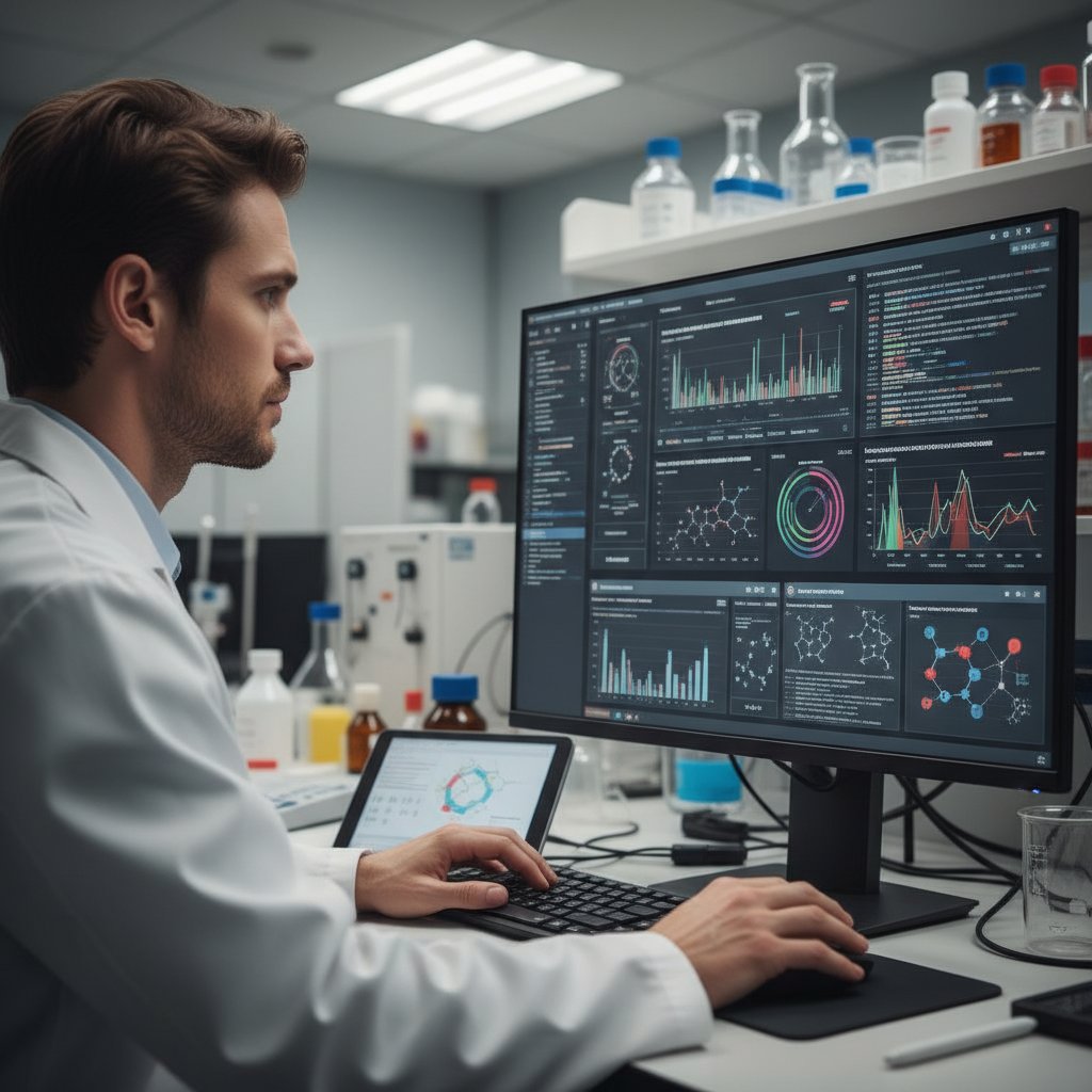 Diagnosta laboratoryjny analizujący wyniki na komputerze, nowoczesne technologie i wyniki