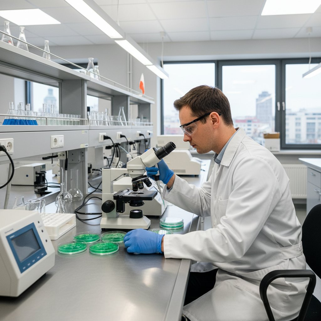 Polski technik laboratoryjny analizujący zielone próbki w polskim laboratorium, profesjonalnie