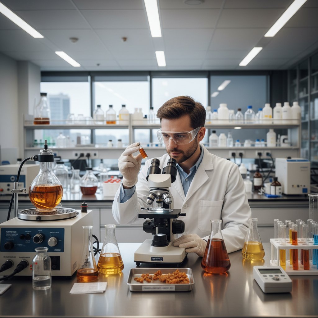 Laborant w białym kitlu analizujący próbki propolisu w laboratorium