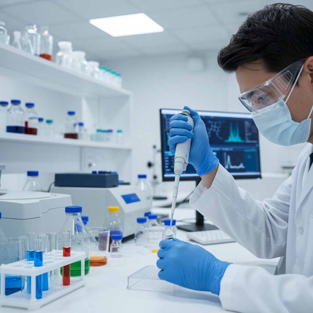 Zdjęcie: laborantka analizująca próbkę, wyraz skupienia, sterylne warunki