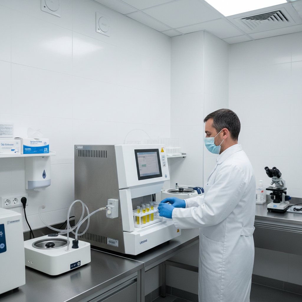 Laborantka w rękawiczkach wkładająca próbkę moczu do automatycznego analizatora, sterylne środowisko