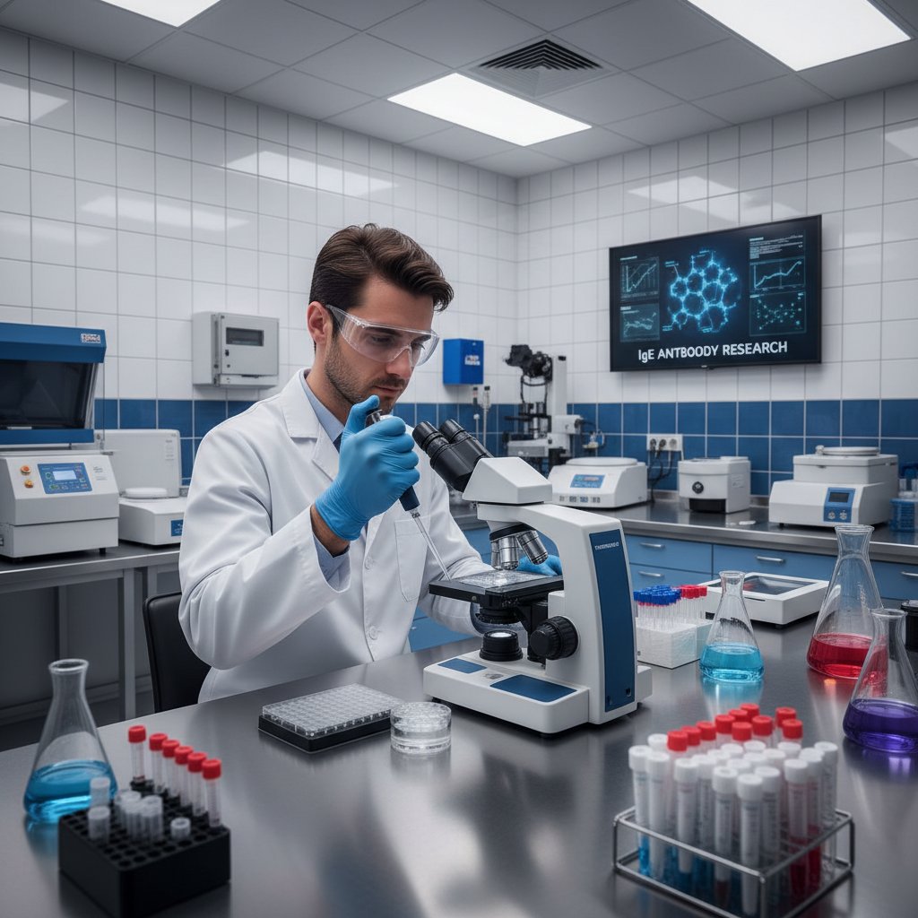 Laborantka analizująca próbki krwi na obecność przeciwciał IgE, nowoczesne laboratorium