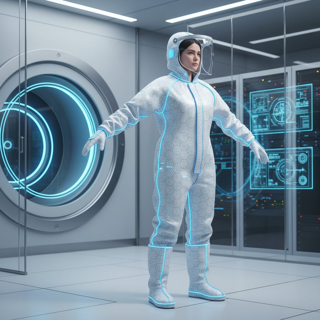 Pracownik laboratorium zakłada nowoczesną odzież ochronną z nanowłóknami — skuteczna ochrona przed promieniowaniem w praktyce