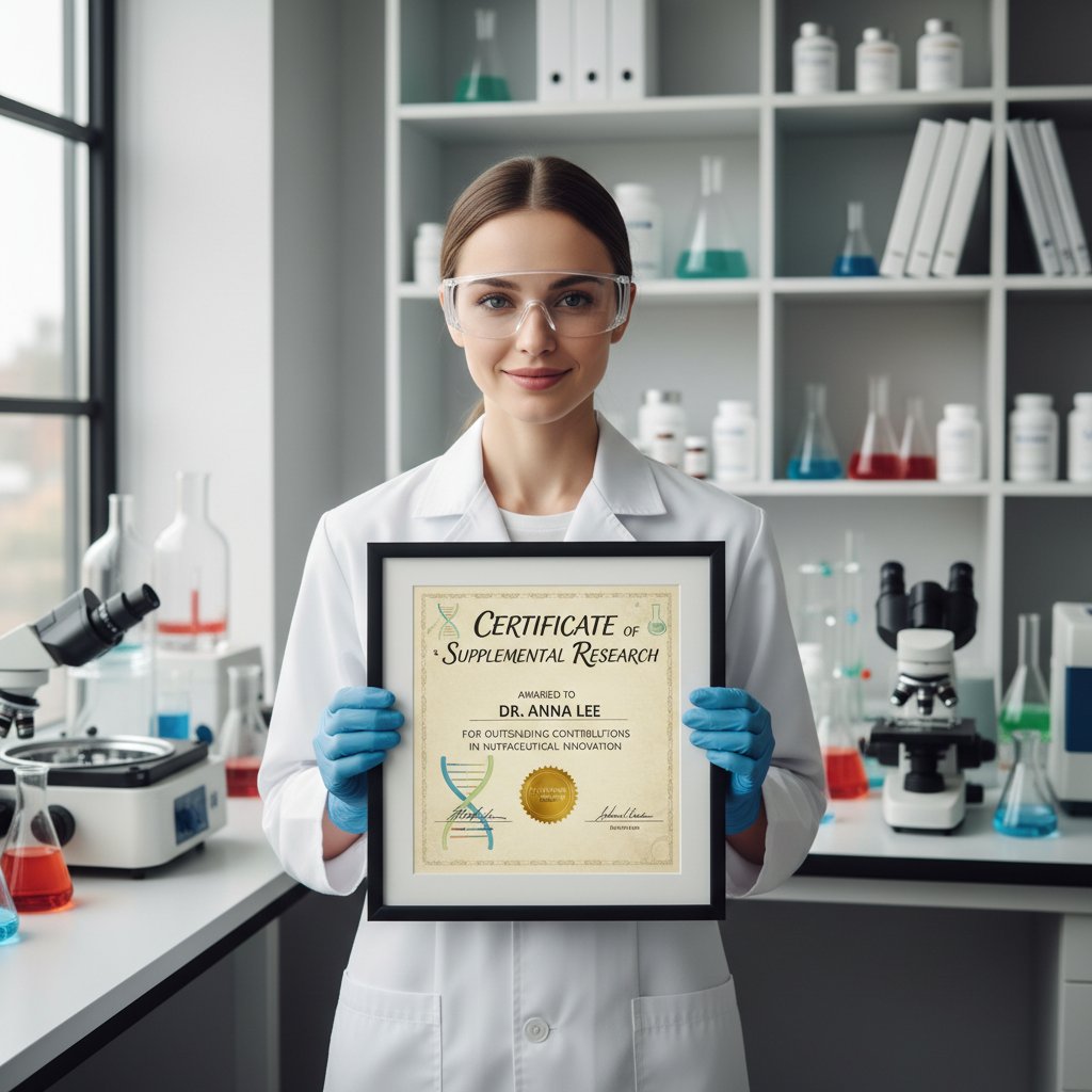 Pracownik laboratorium sprawdzający certyfikat jakości suplementu z jeżówką