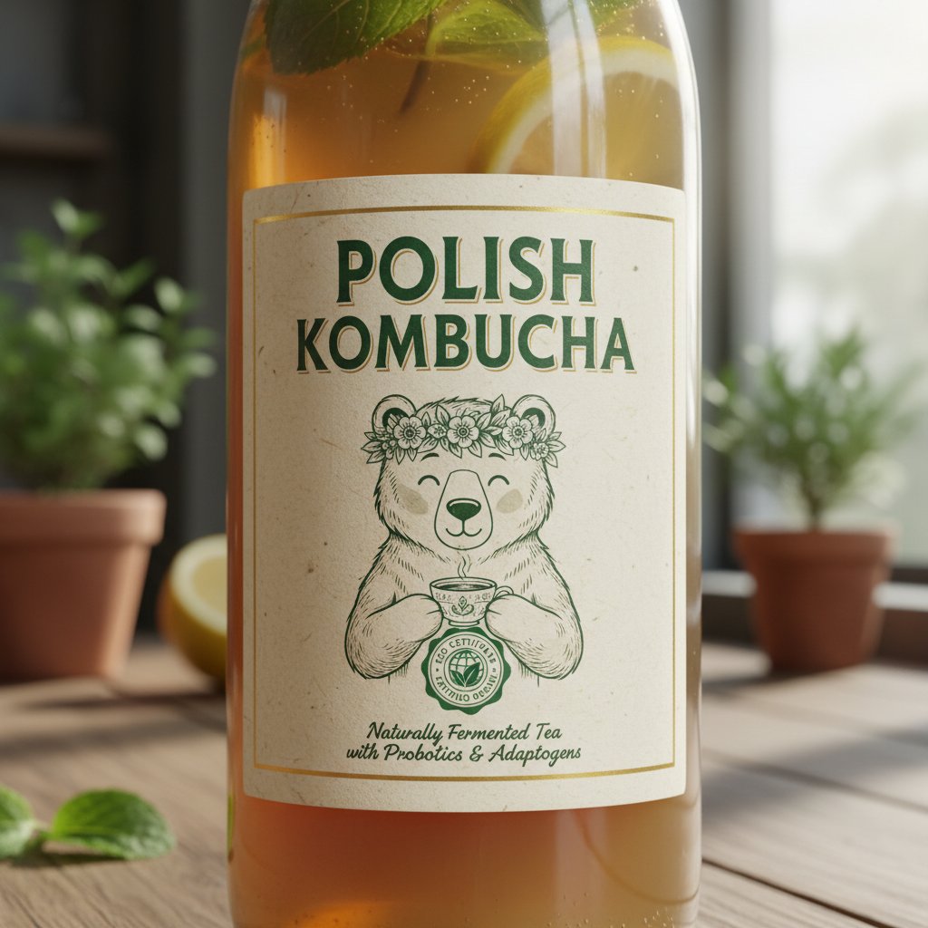 Zbliżenie na etykietę jakościową polskiej kombuchy z widocznymi składnikami i certyfikatem eko