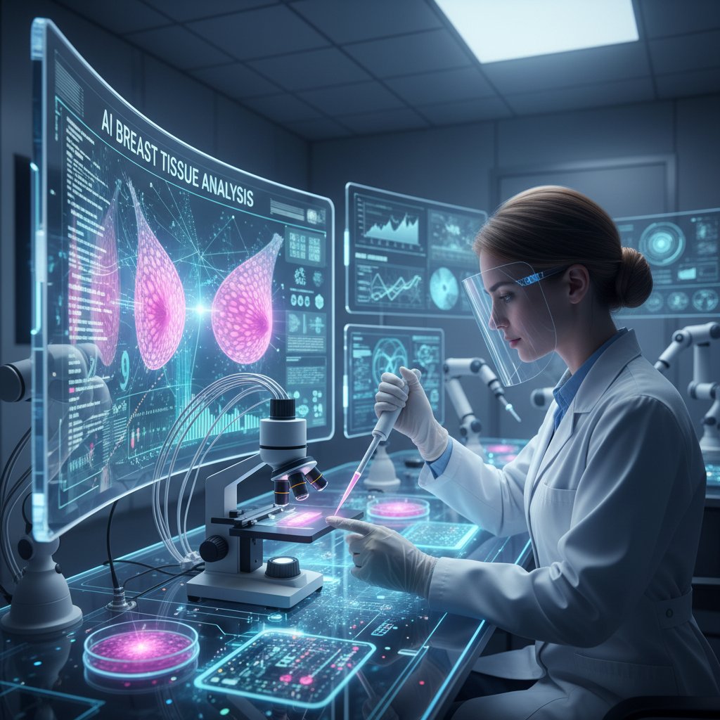 Specjalista korzystający z AI do analizy tkanek piersi w laboratorium