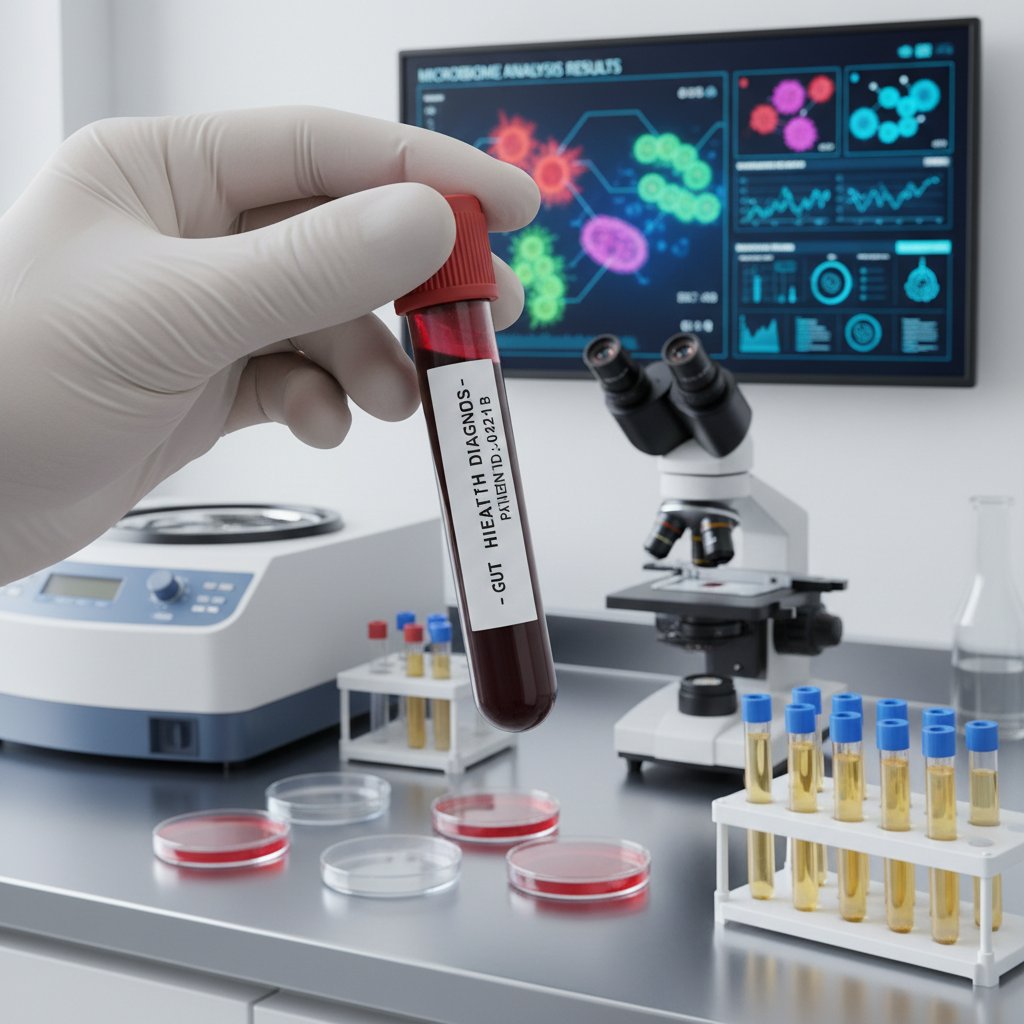 Zdjęcie laboratorium, próbki krwi i analizator, proces diagnostyki zdrowia jelit