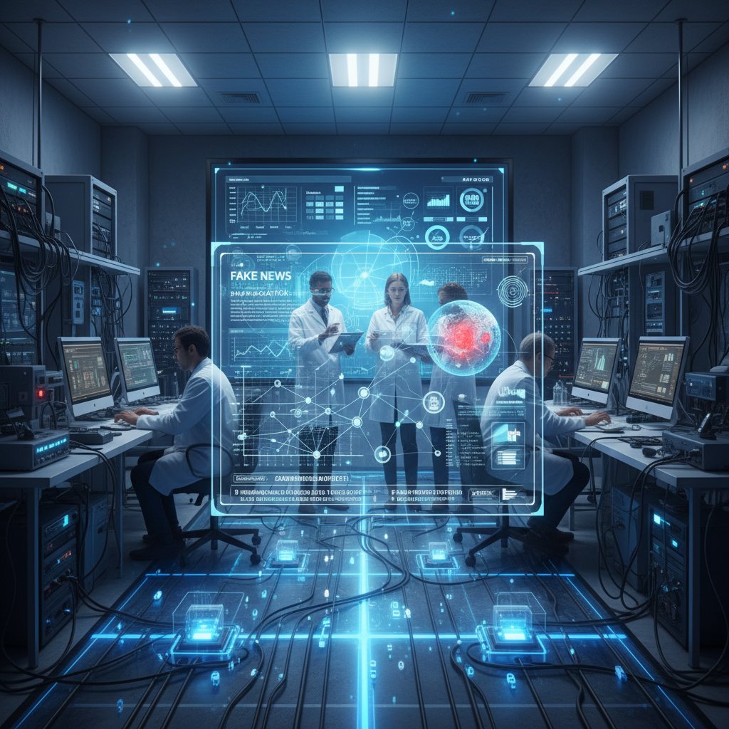 Nowoczesne laboratorium, inżynierowie AI analizujący dane fake newsów na monitorach