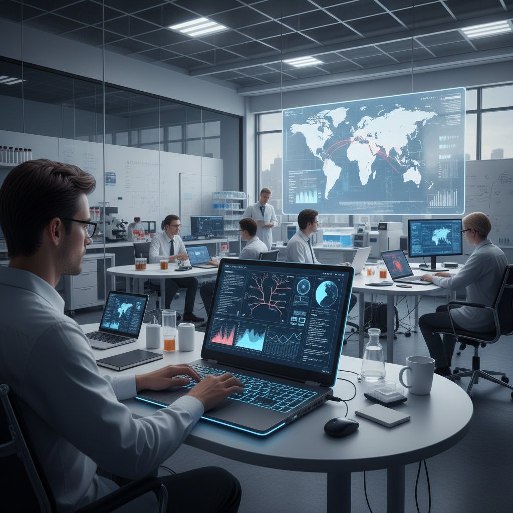 Specjalista analizujący dane epidemiologiczne na laptopie w laboratorium