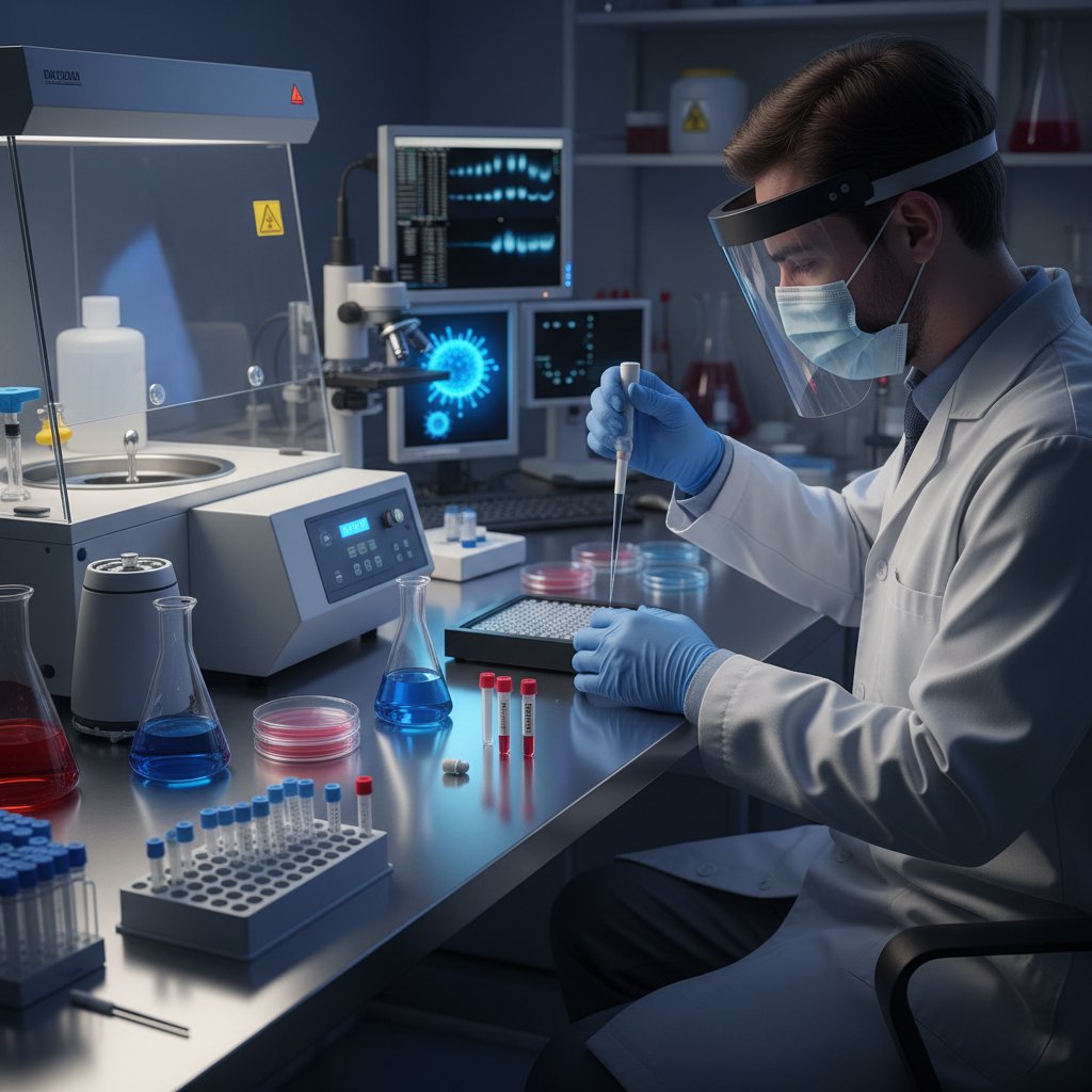 Zbliżenie na laboratorium, gdzie analizuje się próbki wirusa grypy