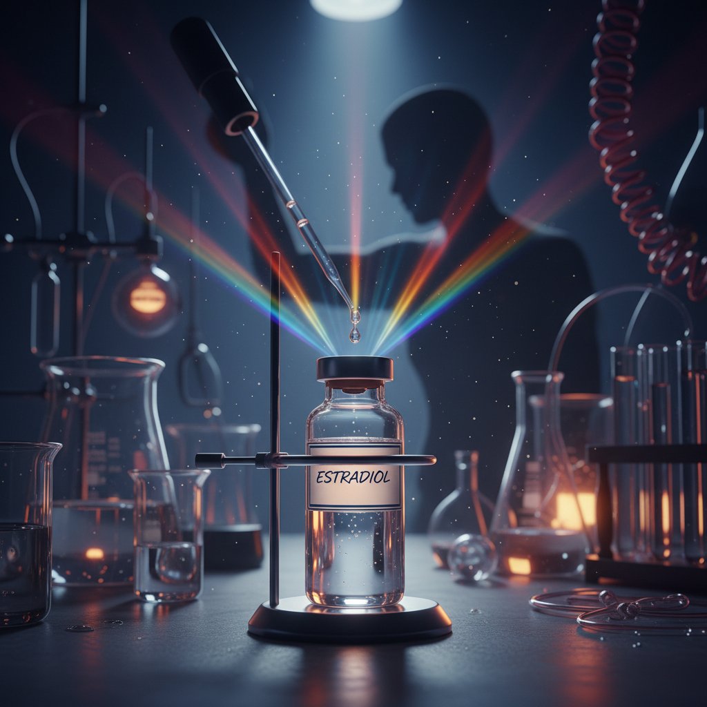 Laboratorium z fiołką estradiolu, odblaski światła, cień postaci w tle