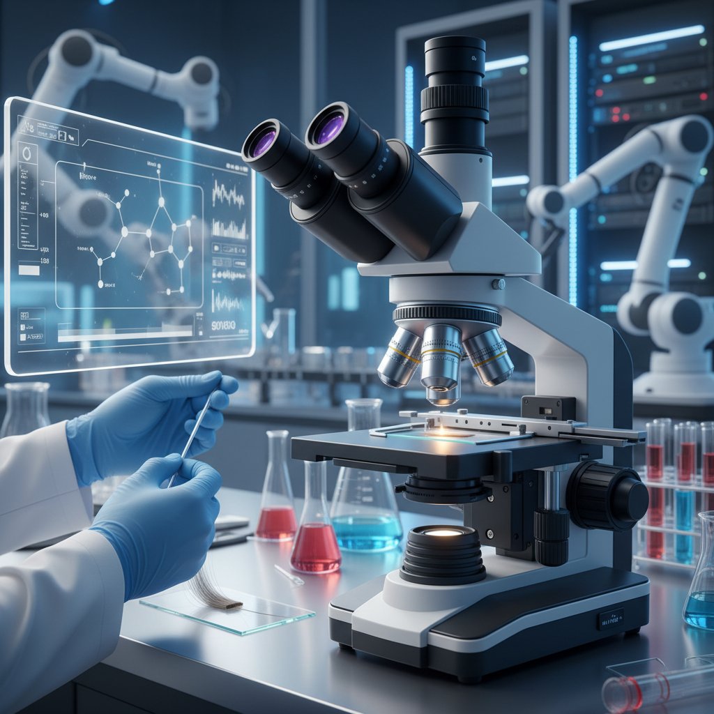 Zdjęcie laboratorium analizującego włosy pod mikroskopem, nowoczesne technologie
