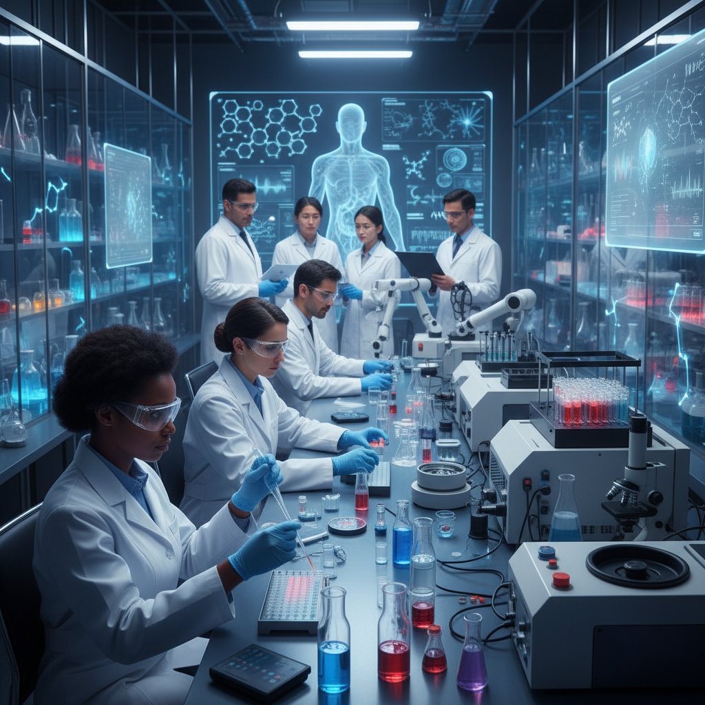 Grupa ludzi w nowoczesnym laboratorium analizuje dane hormonalne, na pierwszym planie probówka i nowoczesny tablet.