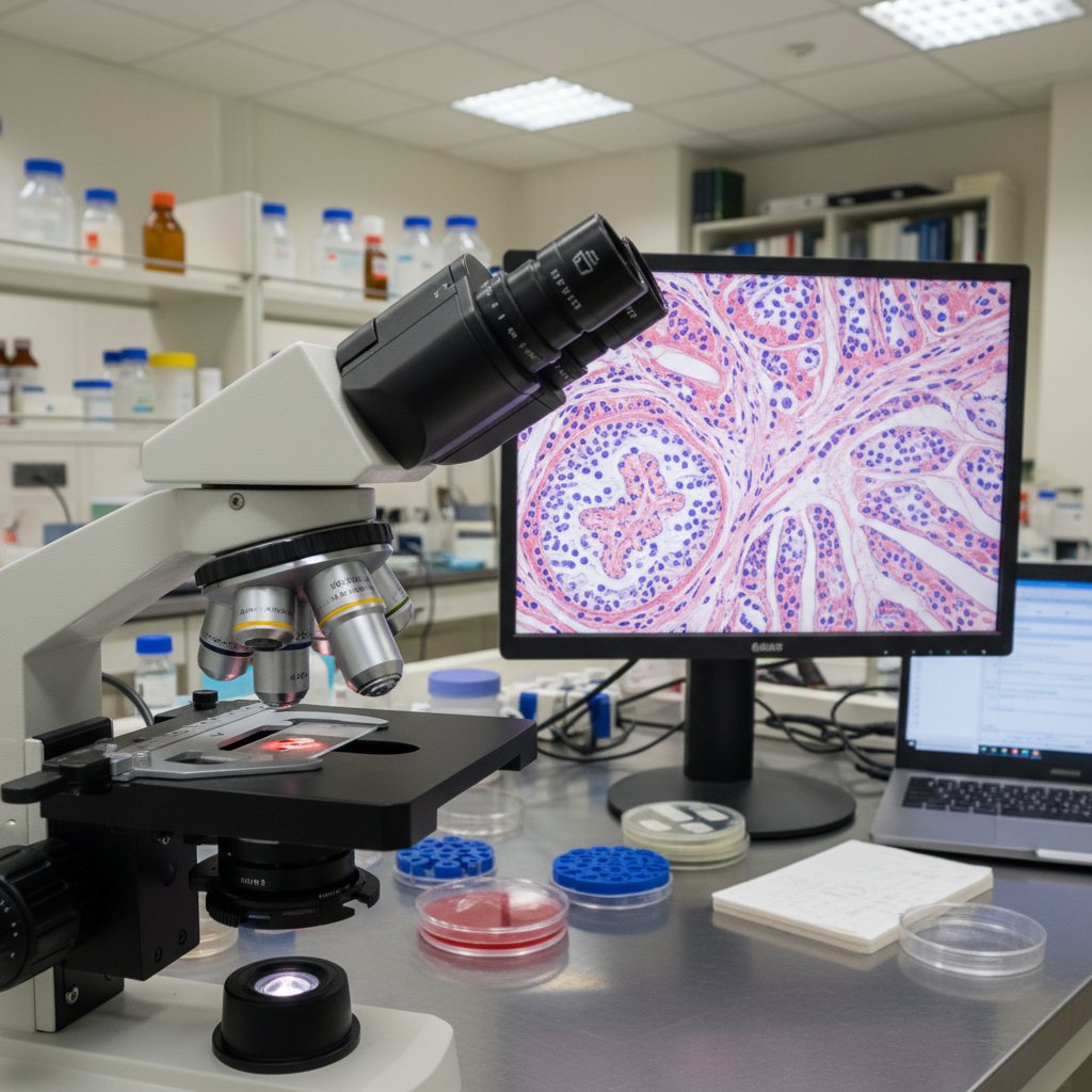 Laboratorium patomorfologiczne, mikroskop, próbki tkanki wątroby