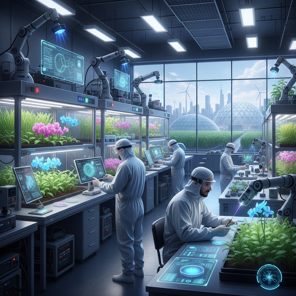 Pracownik laboratorium analizujący nowe odmiany roślin pod mikroskopem