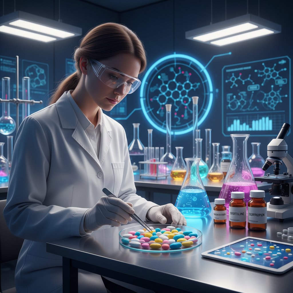 Tabletki na stole laboratoryjnym, naukowiec w tle, historia rozwoju leków przeciwdepresyjnych