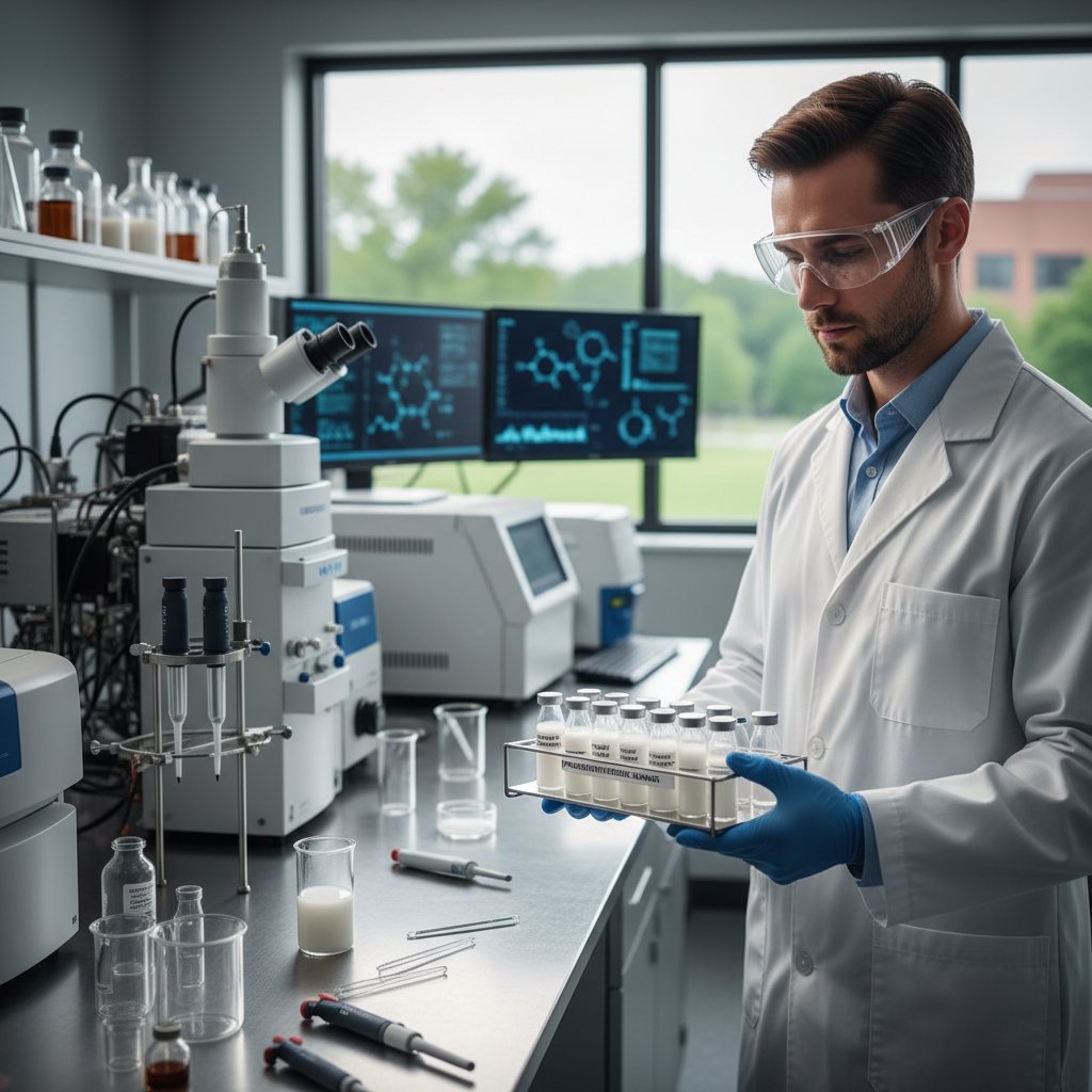 Nowoczesne laboratorium badawcze z naukowcami analizującymi próbki PS