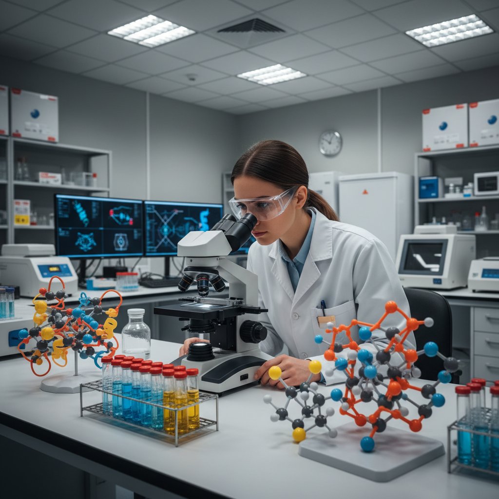 Realistyczne zdjęcie laboratorium – naukowiec analizuje próbki białek pod mikroskopem, w tle modele molekularne enzymów proteolitycznych