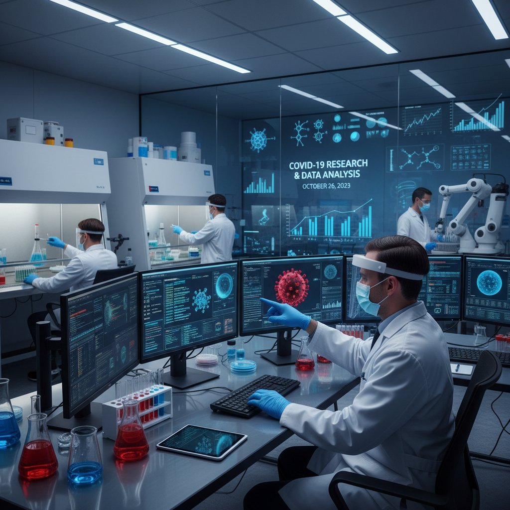 Laboratorium badawcze z zespołem naukowców analizujących dane na monitorach