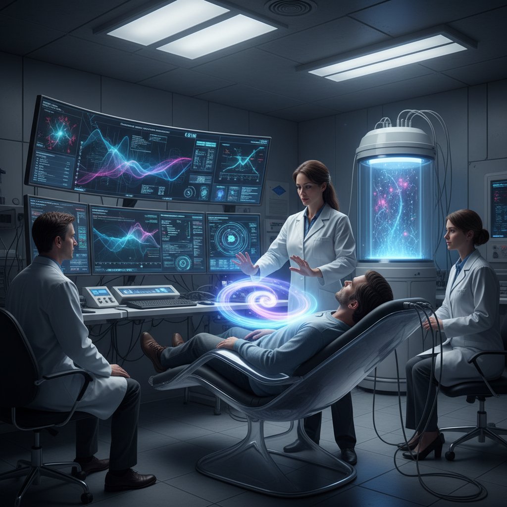 Laboratorium badające wpływ terapii energetycznych na stres, naukowcy przy komputerach