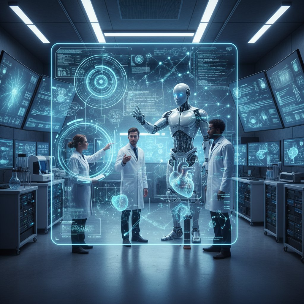 Nowoczesne laboratorium z zespołem pracującym nad AI w medycynie, ekrany z wizualizacjami danych