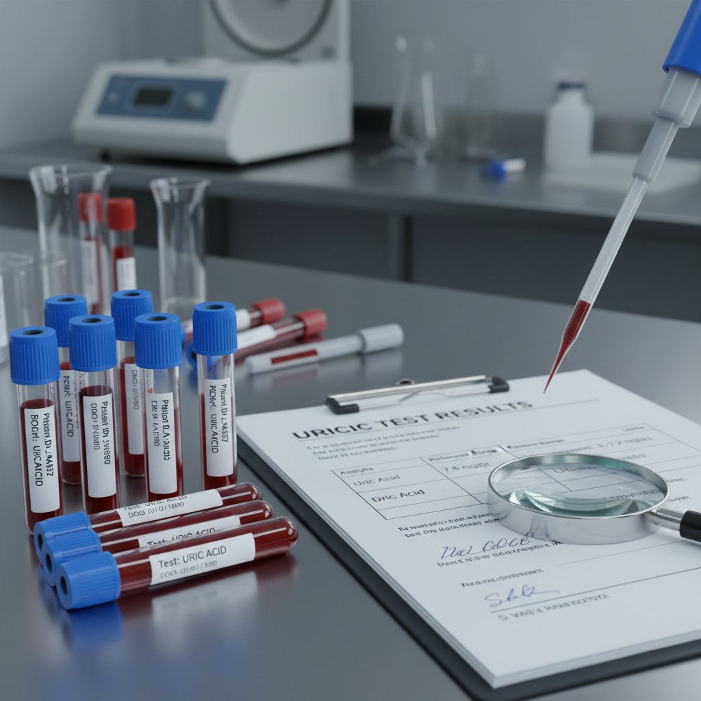 Próbka krwi w laboratorium, zbliżenie na fiolkę z napisem kwas moczowy na tle dokumentacji medycznej