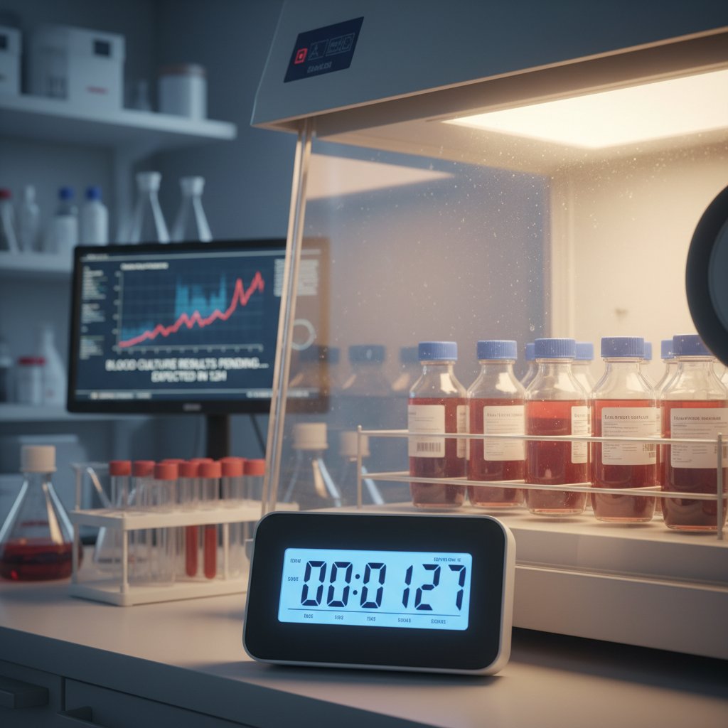 Zegar laboratoryjny na tle inkubatora, sugerujący upływ czasu i oczekiwanie na wynik badania