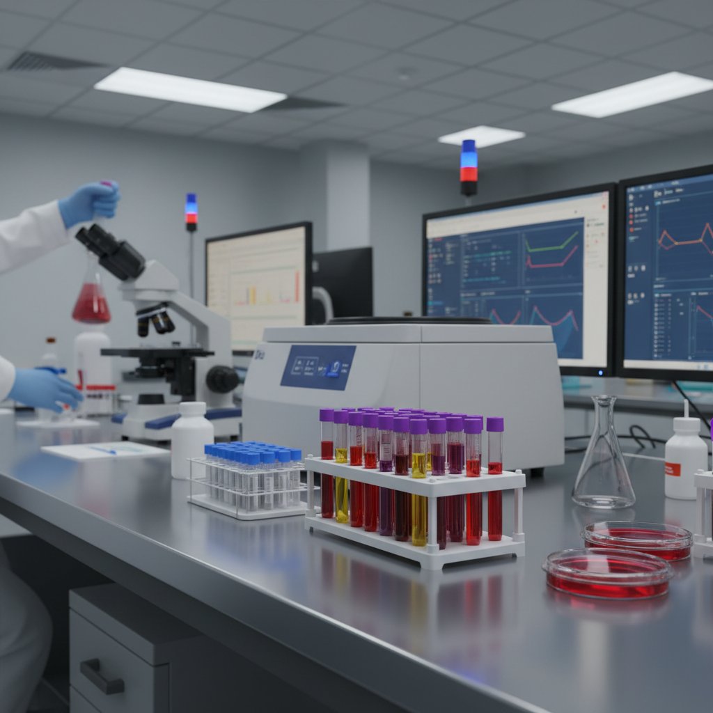 Zdjęcie zbliżenia na laboratoryjny stół z probówkami i analizatorem, odzwierciedlające badanie GGTP