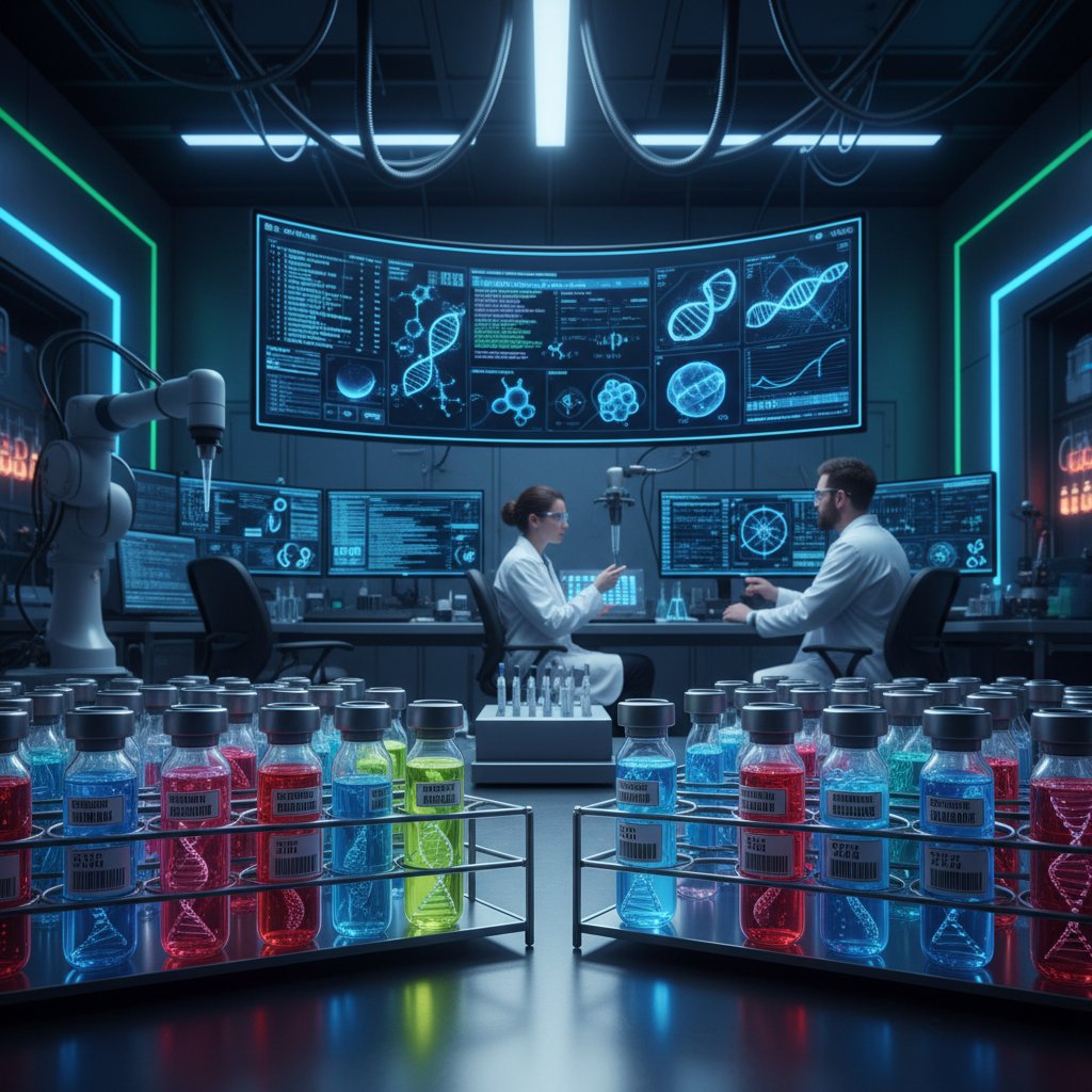 Zbliżenie na laboratorium, próbki DNA, komputer i ekran z analizą genetyczną