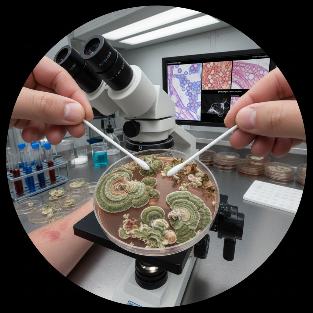 Schemat ataku dermatofitów na skórę stóp – zdjęcie laboranta analizującego próbkę skóry pod mikroskopem w laboratorium