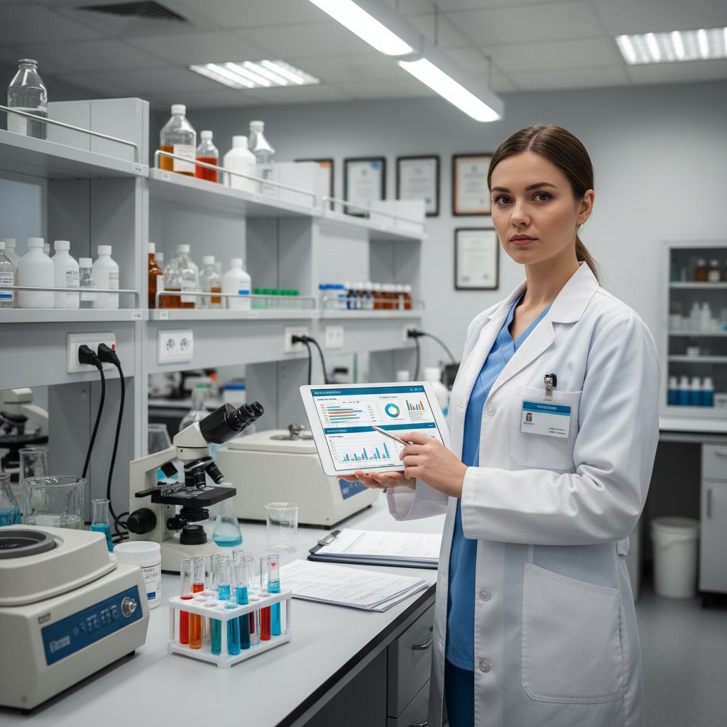 Inspektor kontrolujący laboratorium medyczne, raport na tablecie, laborant w tle
