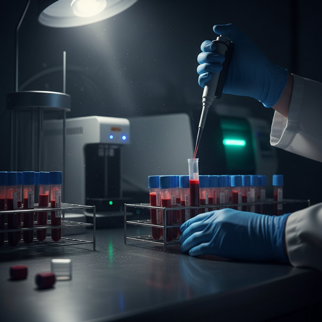 Zdjęcie laboratorium medycznego – próbki krwi na stole, dramatyczne światło, laborant w rękawiczkach