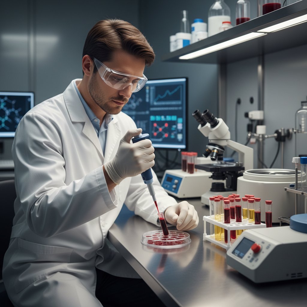 Osoba w laboratorium analizująca próbki krwi, ilustracja diagnostyki przyczyn nagłej utraty wzroku