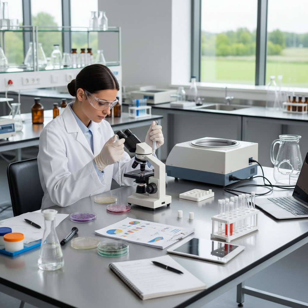 Laborant oglądający próbki bakterii w laboratorium, sprzęt analityczny i notatki na stole