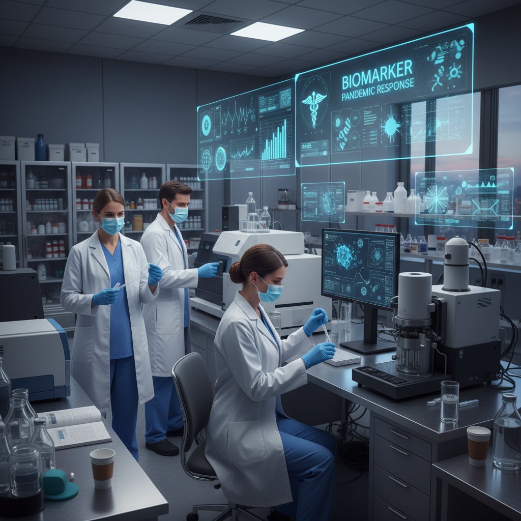 Zespół laborantów pracujący nad testami biomarkerów podczas pandemii, biomarkery pandemia zdrowie