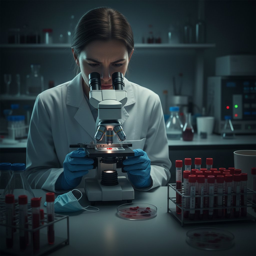 Laborant analizujący próbkę krwi pod nowoczesnym mikroskopem, z wyraźnymi efektami świetlnymi i atmosferą napięcia