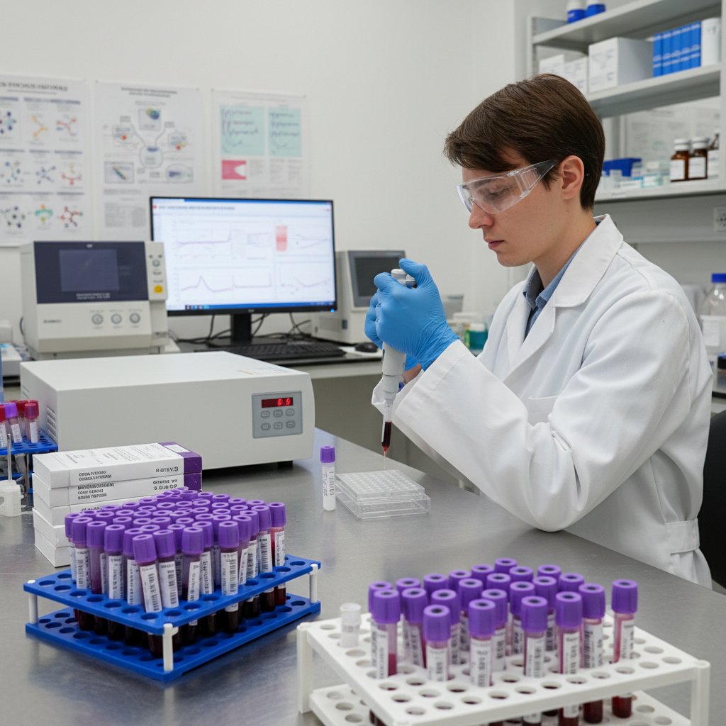 Laboratorium, pracownik analizujący próbki krwi pod kątem EBV