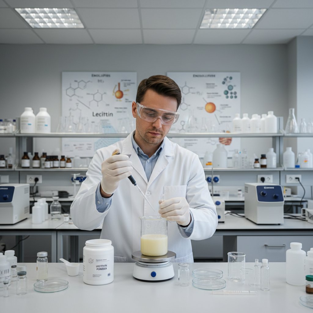 Zdjęcie: Laborant testujący właściwości lecytyny w przemyśle kosmetycznym