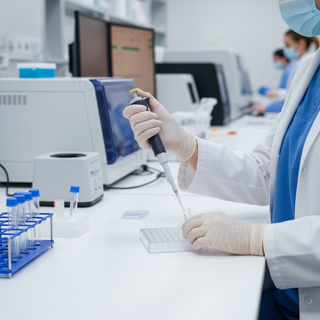 Laboratorium analityczne, laborantka pipetuje próbki do analizy