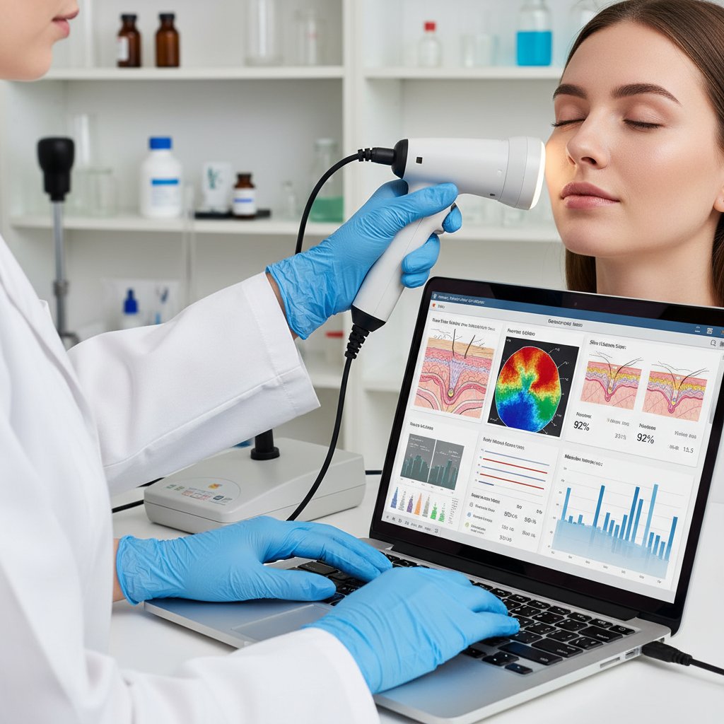 Nowoczesne laboratorium, w którym technik analizuje próbki skóry pod mikroskopem, obok laptop z danymi