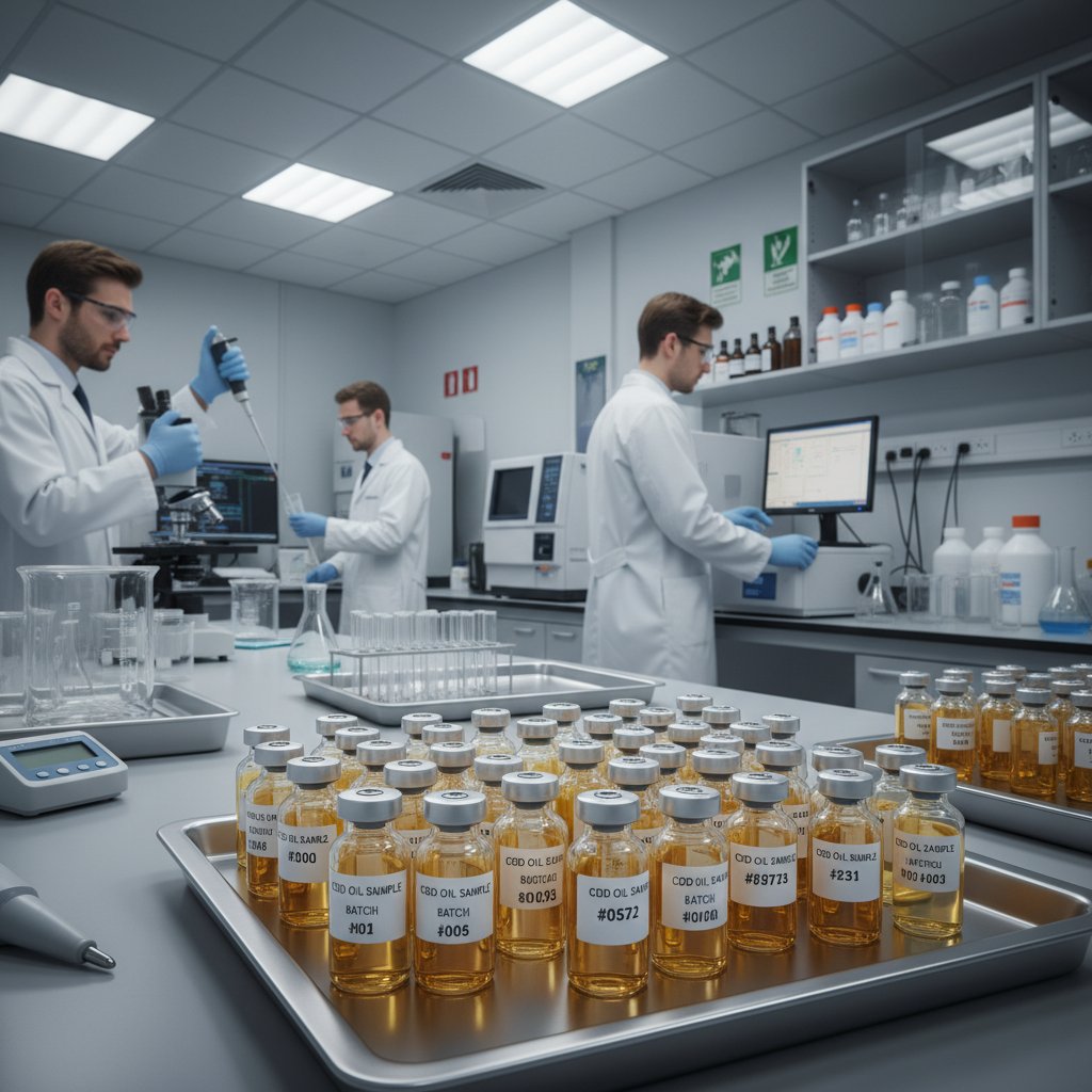 Zdjęcie laboratorium badawczego z naukowcem analizującym próbki olejków CBD