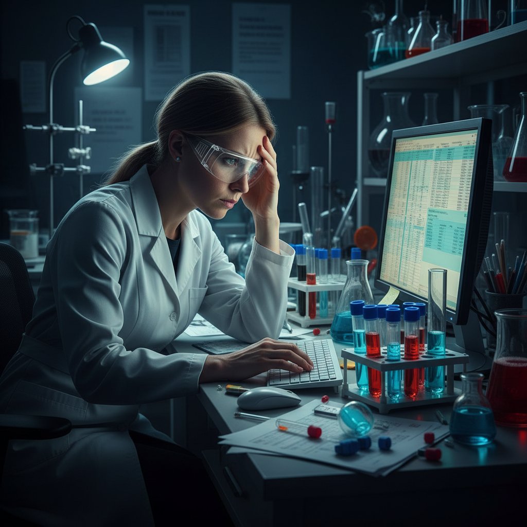 Laborant wpisujący dane do systemu komputerowego, laboratoryjne próbki i stres w tle