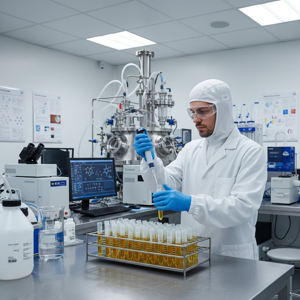 Pracownik laboratorium analizujący próbki osocza do produkcji immunoglobulin