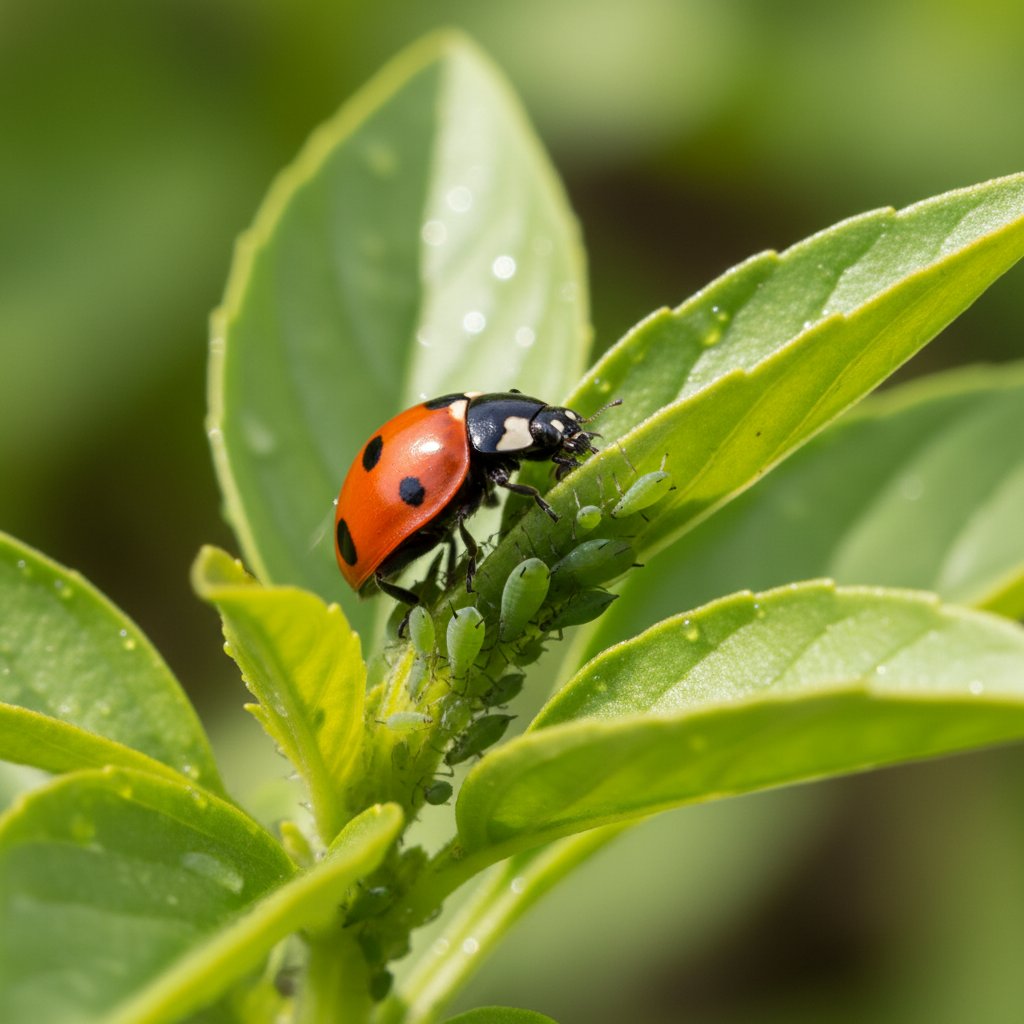 Makro zdjęcie biedronki żerującej na mszycach wśród bazylii, naturalne światło
