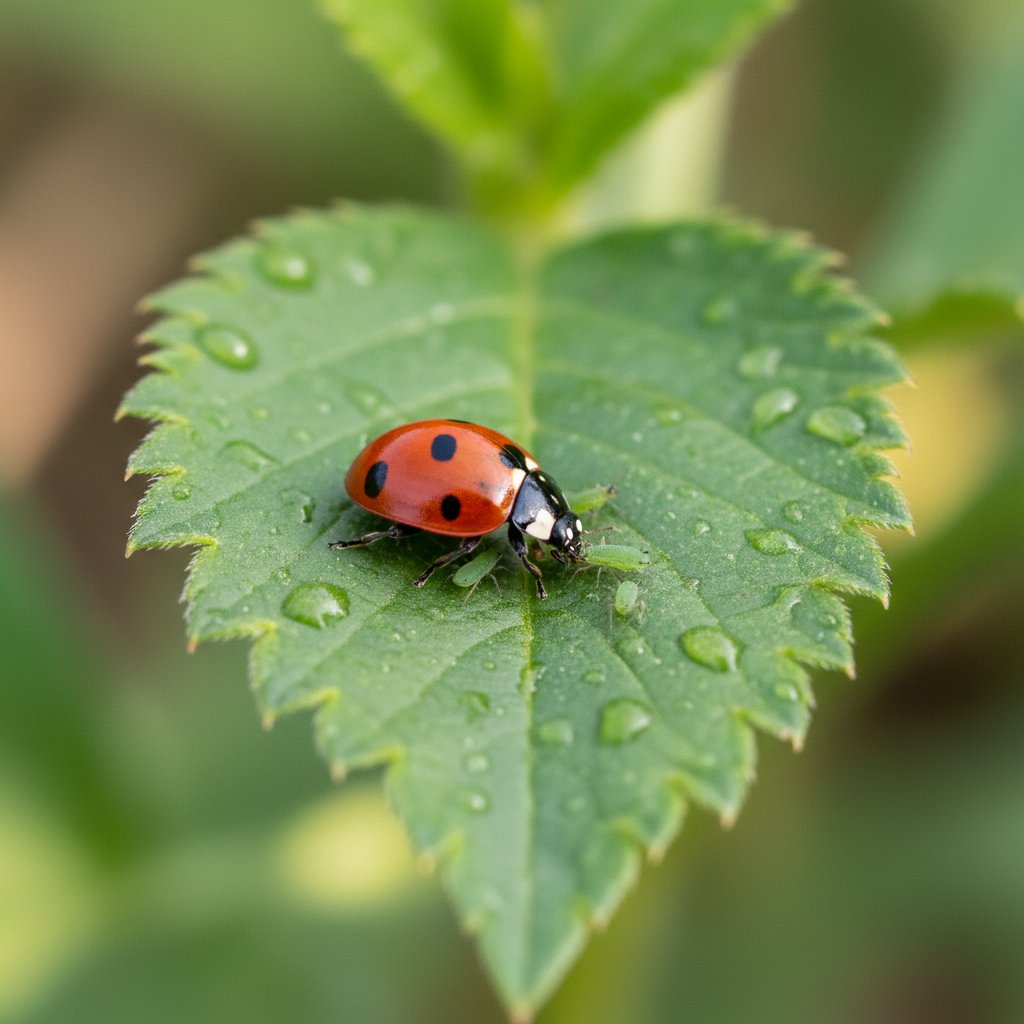 Biedronka atakująca kolonię mszyc na liściu, naturalna walka w ogrodzie